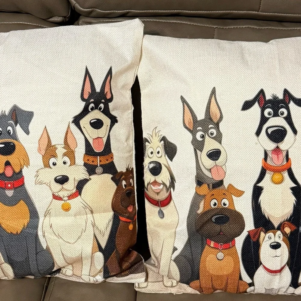 white throw pillow cover featuring a cartoon illustration of several dogs 18x18